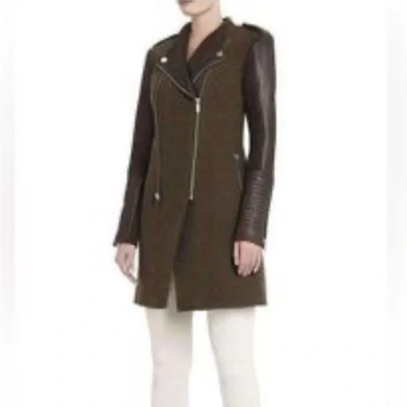 BCBGMaxAzria Army Green Wool coat jacket w100% brown leather collar & sleeves XS - Picture 1 of 13